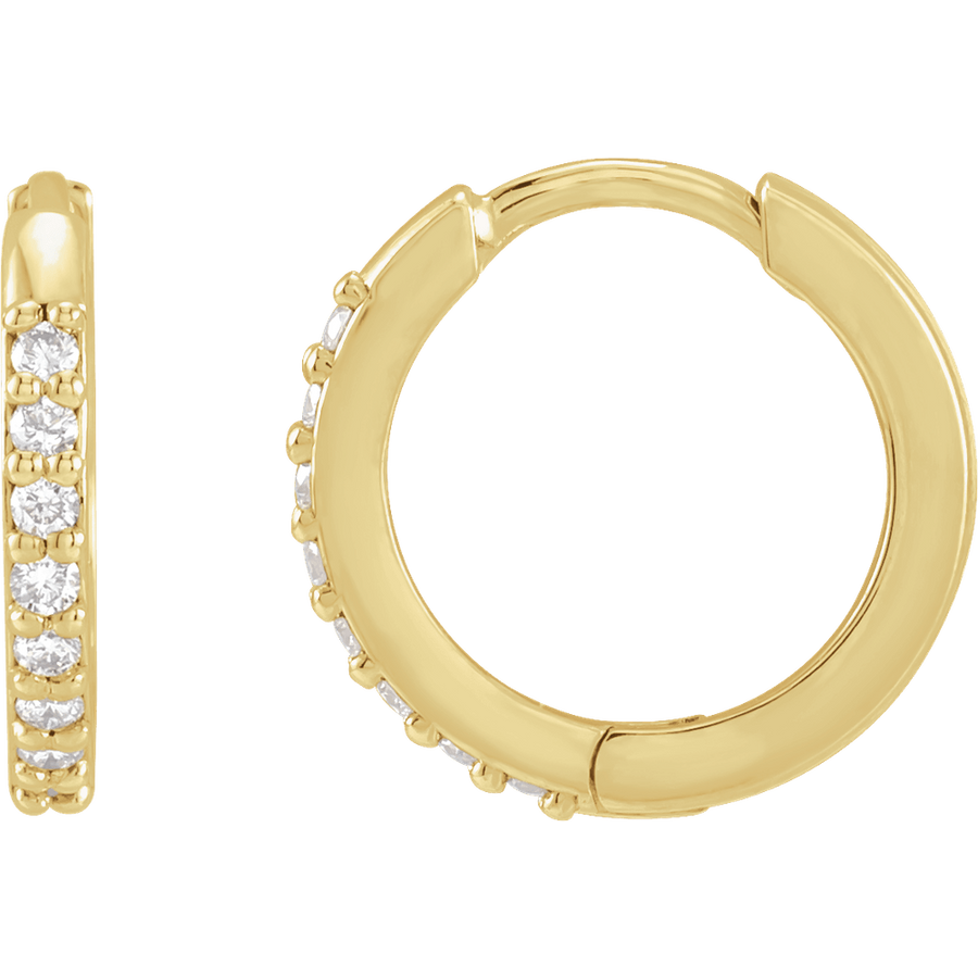 14K yellow gold diamond huggie hoop earrings with 1/8 CTW natural round diamonds, 12.5mm hinged hoops