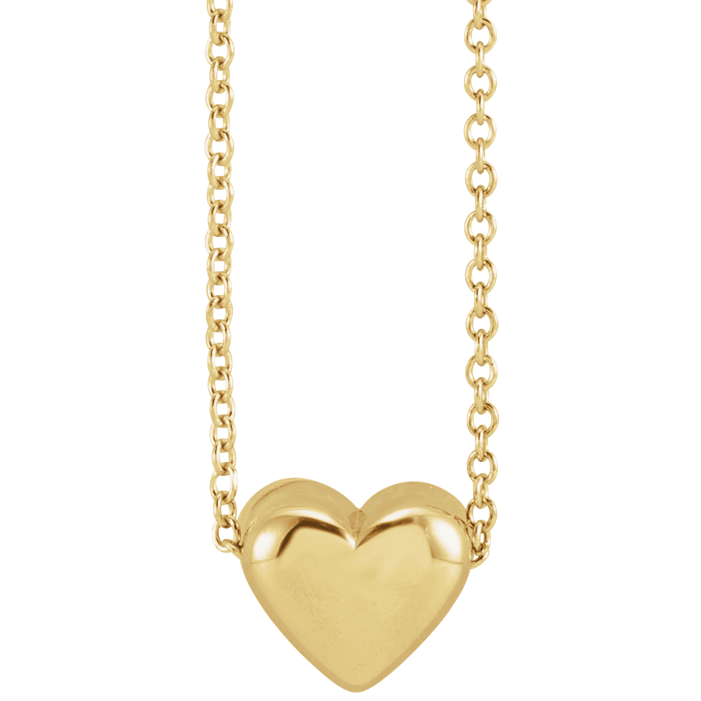 14K Solid Gold Puffed Heart Necklace – 16–18" Adjustable