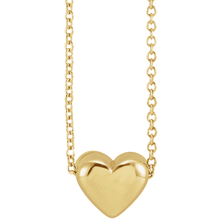 14K Solid Gold Puffed Heart Necklace – 16–18" Adjustable