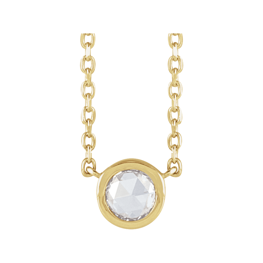 14K solid gold 1/8 CT rose-cut diamond bezel necklace on 18-inch chain

