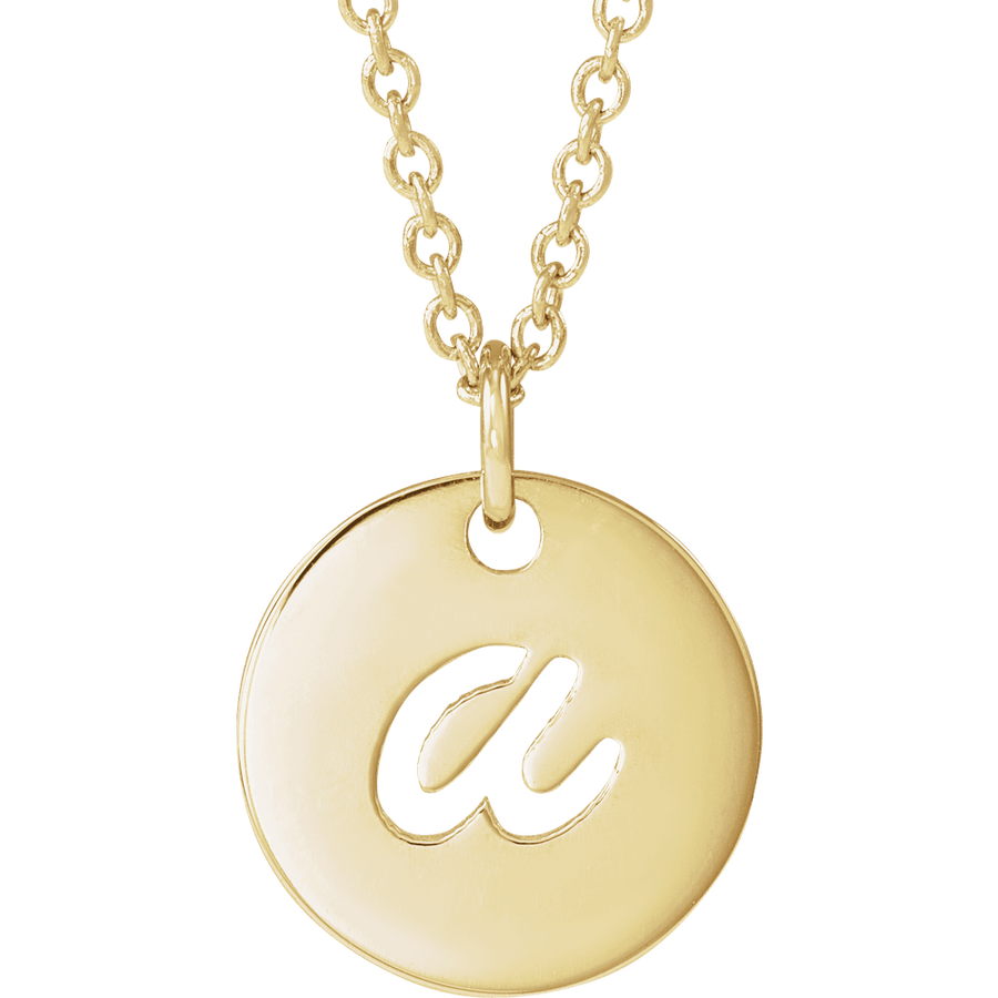 14K yellow gold script initial a necklace, 16–18 inch chain.