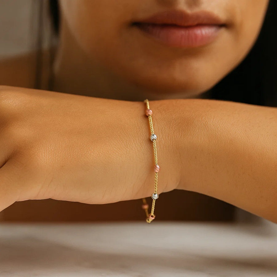 Textured Bead Station Lariat Bracelet – 14K Tri-Color Gold (5.00mm)